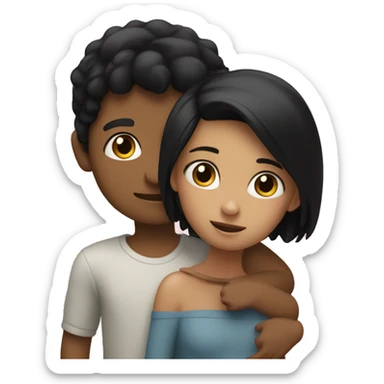A girl with black hair hugs a little boy with blond hair sticker