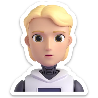 Minimalist male robot with blond hair, sharp jawline, intense eyes, white sweater, AI assistant sticker