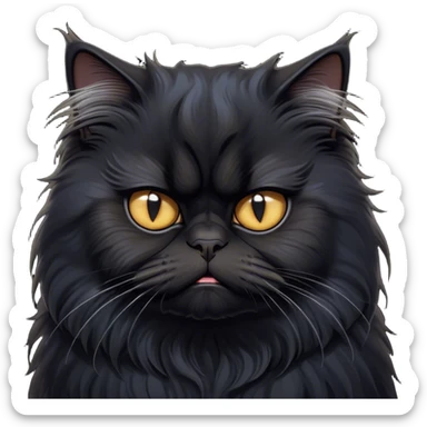 Cinematic Grumpy Frazzled Black Persian Cat Portrait Emoji, Head tilted with an exaggeratedly grumpy expression, fluffy black fur with hints of silver and deep undertones, Simplified yet hilariously frazzled features with large, expressive eyes, highly detailed, glowing with a warm but irritated glow, high shine, a mix of annoyed and disheveled, stylized with a touch of humor, bright but with a completely frazzled and grumpy face, soft glowing outline, capturing the essence of a quirky yet grumpy kitty, so endearing it feels like it could leap out of the screen and demand attention with its wonderfully grumpy, frazzled charm! sticker