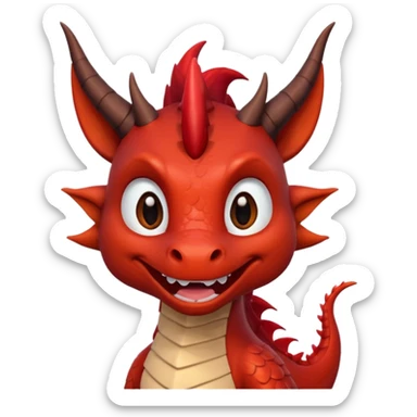 Cute Red dragon smile.  dark horns, pointed ears. Brown mane hair. Head only, Headshot sticker