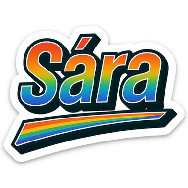 The name 'Sára' in modern, precise Hungarian letters with a rainbow gradient fill, extra thick white letter outline, dark contour, transparent background, dynamic slanted underline, styled like the sample images. sticker