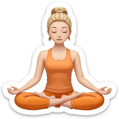 white woman with neat ponytail hairstyle, sitting in lotus position, meditating with closed eyes and serene expression, wearing light orange yoga outfit sticker