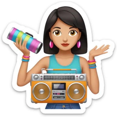 dar hair woman holding colorful boombox sticker