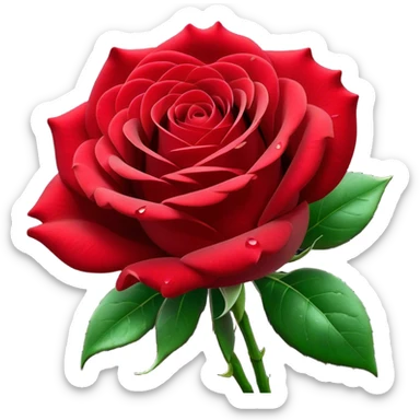 Cinematic Realistic Rose Emoji, Elegant and full of grace, with velvety, deep red petals unfurling in a perfect bloom, dew drops glistening on the soft edges, and a faint fragrance hanging in the air. The lush green leaves surround the stem, creating a vibrant contrast to the rich color of the petals. Soft glowing outline, capturing the essence of timeless beauty and romance in a single bloom. sticker