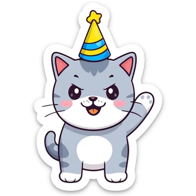 Joyful British shorthair blue cat with excited expression wearing a party birthday hat sticker