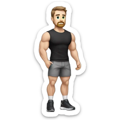 Confused Pale skinned Fit Man With the biceps and dark brown hair in black shirt, gray sports shorts and white Sneakers sticker