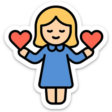 teacher with blond hair, wearing a dress, holding red hearts, white background sticker