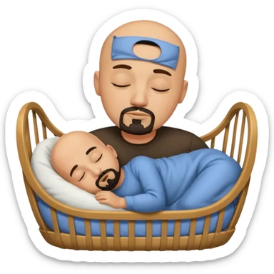 a bald, tan man who has a black goatee sleeping in a cradle sticker