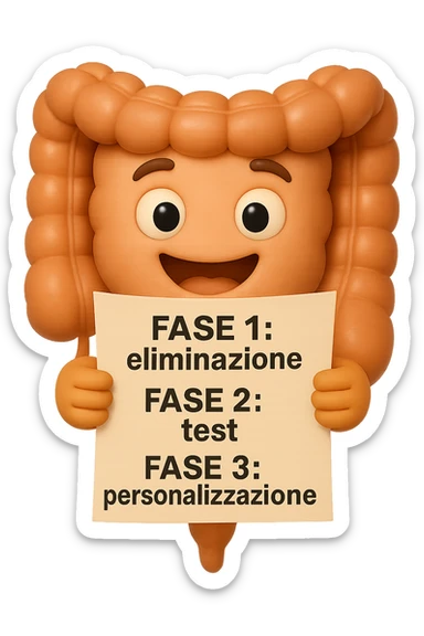 emoji stile iphone 3d di un intestino che tiene in mano un foglio con la scritta "FASE 1: eliminazione, FASE 2: test, FASE 3: personalizzazione, IPERREALISTICO 4K sticker