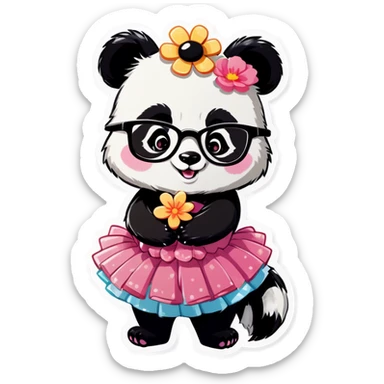  Cute female Panda wearing a tutu and glasses with a flower above 1 ear hugging a large male raccoon  sticker