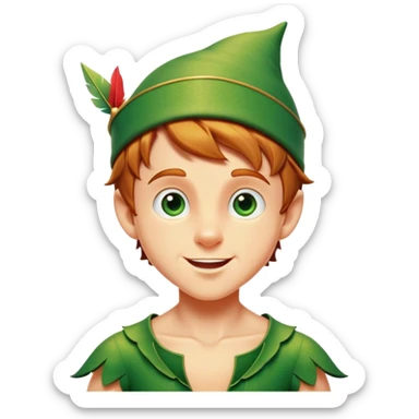Cinematic Realistic Peter Pan Portrait, head tilted dramatically with an exaggeratedly amused expression, featuring sparkling eyes filled with playful mischief. His iconic outfit is rendered in vivid detail with dynamic shadows, capturing the delightful interplay of bravery and whimsy that defines his timeless character. sticker