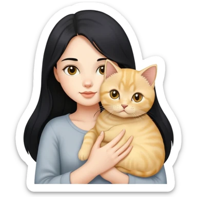 Beautiful girl with long black hair holding a cute golden British shorthair kitten in her arms sticker