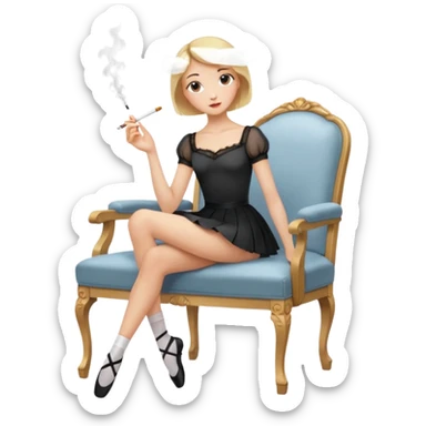 blonde, short-haired ballerina in a white English blouse, experienced with a sly look, has put her long legs on a chair in front of her, has a knee-length skirt, smokes sticker
