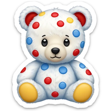 White teddy bear covered with blue, red and yellow spots sticker