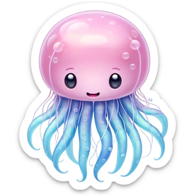 Cinematic floating kawaii jellyfish, tiny round body, soft glowing tentacles, pastel pink and blue hues, delicate sparkling highlights, dreamy and adorable. sticker