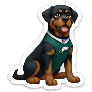 Rotweiler wearing Philadelphia Eagles jersey while sitting on a bed  sticker