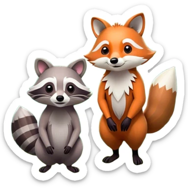 Collage of a raccoon and a fox, in close-up, set in a beautiful forest with tall trees, green bushes, and sunlight filtering through the leaves and flowers. A vibrant, wild atmosphere with a transparent background. sticker