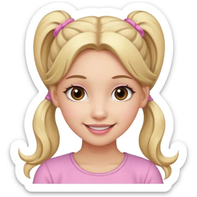 a cute woman is smiling, her hair is long, blonde and two ponytails, her eyes color are brown and the color of her lip is soft pink sticker