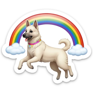 White belgian Shepard jumping over Rain puddles. There is a rainbow in the sky sticker