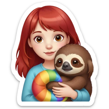 Cute girl with dark brown hair and red bangs holding a rainbow sloth stuffed animal  sticker