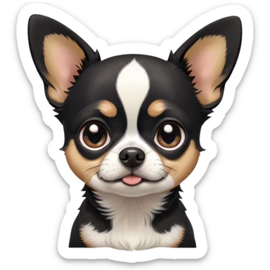Cinematic Grumpy Black Tri Short Haired Chihuahua Portrait Emoji, Head tilted slightly with a deeply unimpressed expression, thick black tri-color fur with prominent white and tan patches, large, droopy dark eyes narrowed into an unamused glare, ears slightly drooping in exasperation, Simplified yet comically expressive features, highly detailed, glowing with a dry, sarcastic glow, high shine, effortlessly judgmental yet dignified, stylized with a touch of cynicism, bright but brooding, soft glowing outline, capturing the essence of an eternally unimpressed yet endearing pup, so lifelike it feels like it could sigh heavily at you in disdain at any moment! sticker