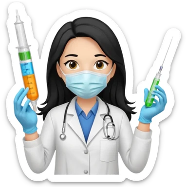 laboratorista con guantes  y mascarilla e insumos laboratorio  jeringa tubos  pelo negro largo triguella sticker