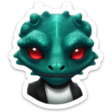 Aquamarine Reptilian with red lasers from the eyes in black suite with black universe and stars on the background sticker