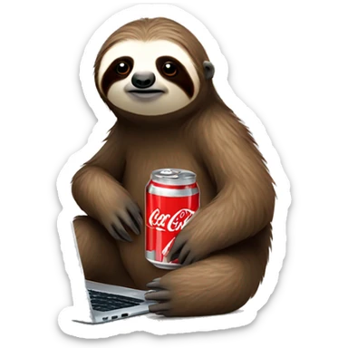 tired sloth with coca cola can and laptop sticker