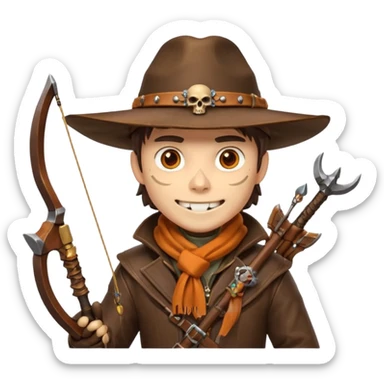 male human monster hunter emoji, wearing brown leather coat and wide hat, holding crossbow, with amulet shaped like skull, Halloween fantasy theme, confident smile, orange scarf, Apple emoji style, clean white background, square image sticker