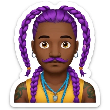 big lose braids starting from the top of the head man with mustache face wiith big visible loose only two braids and lots and lots of colored face tattoos colored tattoos like a tattoo artist hair unique color sticker