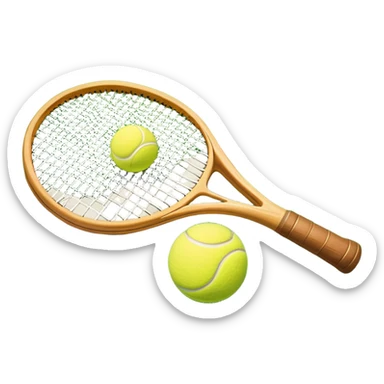A tennis racket resting on the green grass of a tennis court, with a tennis ball placed nearby and the net stretching across the court. The background captures the fresh, open atmosphere of a traditional grass court, emphasizing the elegance and precision of the sport. sticker