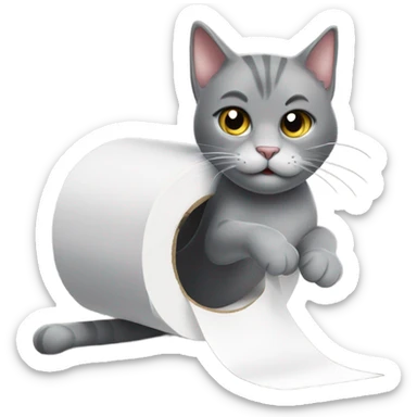 grey cat playing with roll of toilet paper sticker