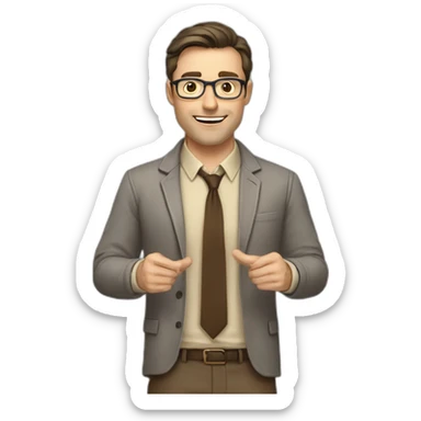 To belt Actively gesturing with hands Pale skinned fit man teacher with dark brown hair in gray jacket, beige office shirt, brown tie, brown pants and vintage glasses. sticker