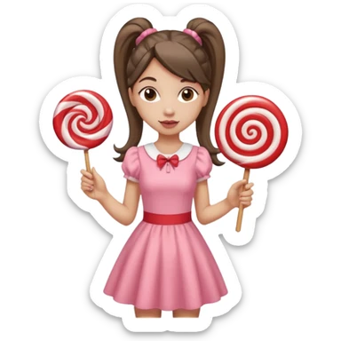 Girl with long dark ponytails wearing light pink body dress holding a lollipop sticker