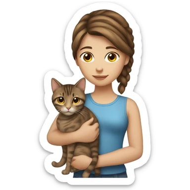 Girl with brown hair holding tabby cat sticker