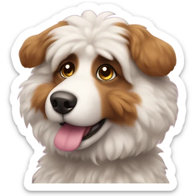 Fluffy dog with pink nose and big brown eyes looking at front sticker