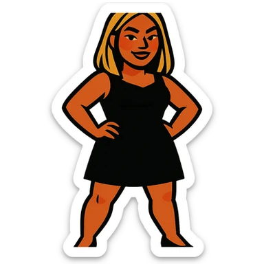 Asian woman, tanned skin, mid-long blonde hair, black dress, confident stance, vibrant toon style sticker