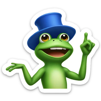 Create a frog with a blue hat, pointing finger to the sky sticker