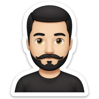 Man, hispanic skin, black hair, black beard, black mustache black eyes black t shirt sticker