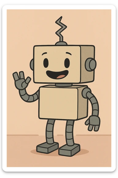 simple and friendly box-shaped robot with a zig zag antenna, minimal cartoon style sticker