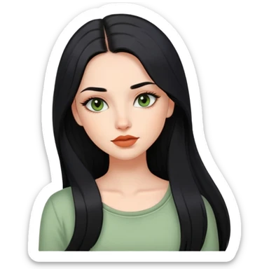 european girl with long black hair, long eyelashes, terracotta lips, light green top sticker