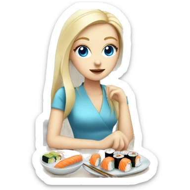 Blonde white girl with blue eyes eating sushi with friends sticker