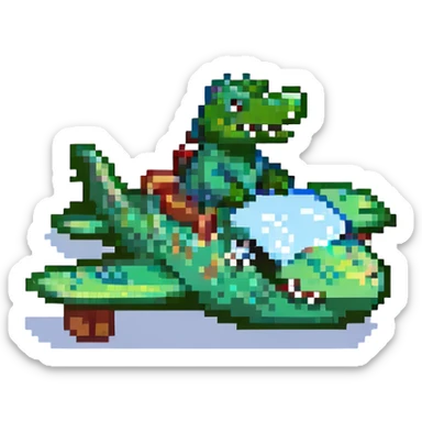 pixel art green crocodile riding an airplane, simple blocky style sticker