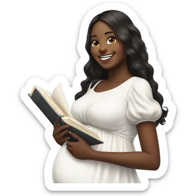 pregnant girl with long dark hair in a white dress with ruffles on it, holding an open photo album and looking at it with a smile sticker