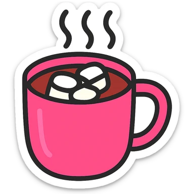 hot chocolate in a pink cup, simple, inviting, icon style sticker