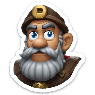 Warcraft mario gem collector in Uncle Scrooge style, mysterious eyes, intricate lips, masterpiece pose, odd perspective, beautiful, desirable, logical sticker