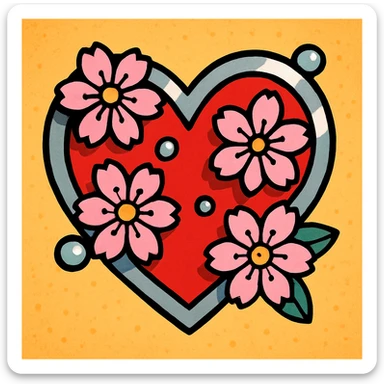 heart with sakura flowers and silver accents, vibrant toon style sticker