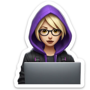 Girl blond developer with round glasses left side behind his laptop with this style: Valorant Riot Game purple character purple black hooded hacker  sticker