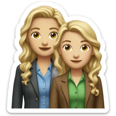 Two girls sitting: one with brown eyes, straight brown hair, fair skin, wearing a dress and boots, and the other with shoulder-length, curly blonde hair, blue eyes, a green blazer, and a white t-shirt. sticker