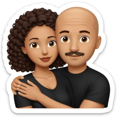 A picture of a tanned couple embracing. the man is a Mexican man with tanned skin, a bald hair cut, short beard and wearing a black shirt. the woman is mixed, with long curly dark brown hair and with big boobs  sticker